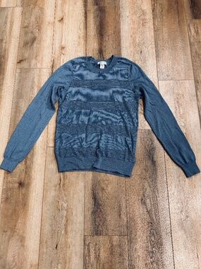 Athleta Pointelle Crewneck Sweater Wool Blend Cottage Blue Open Knit Size Small